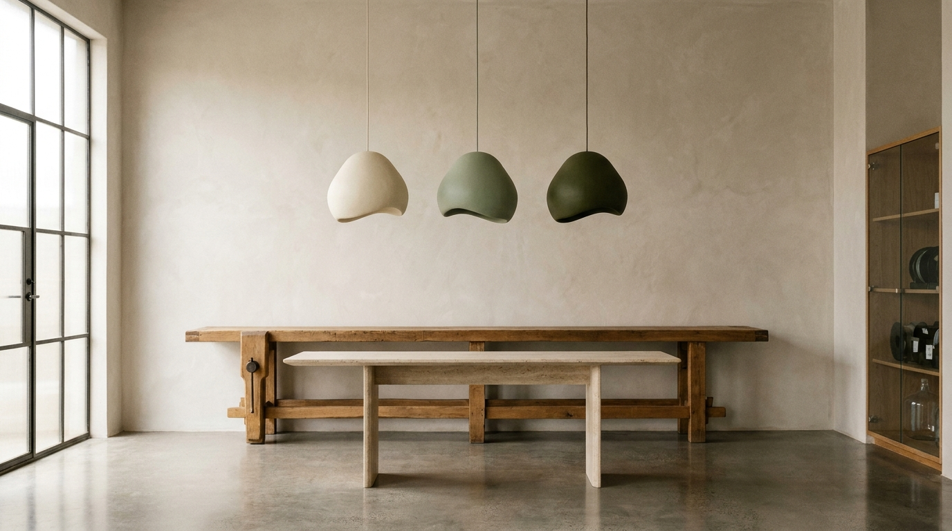 Three sculptural lamp prototypes on travertine slab