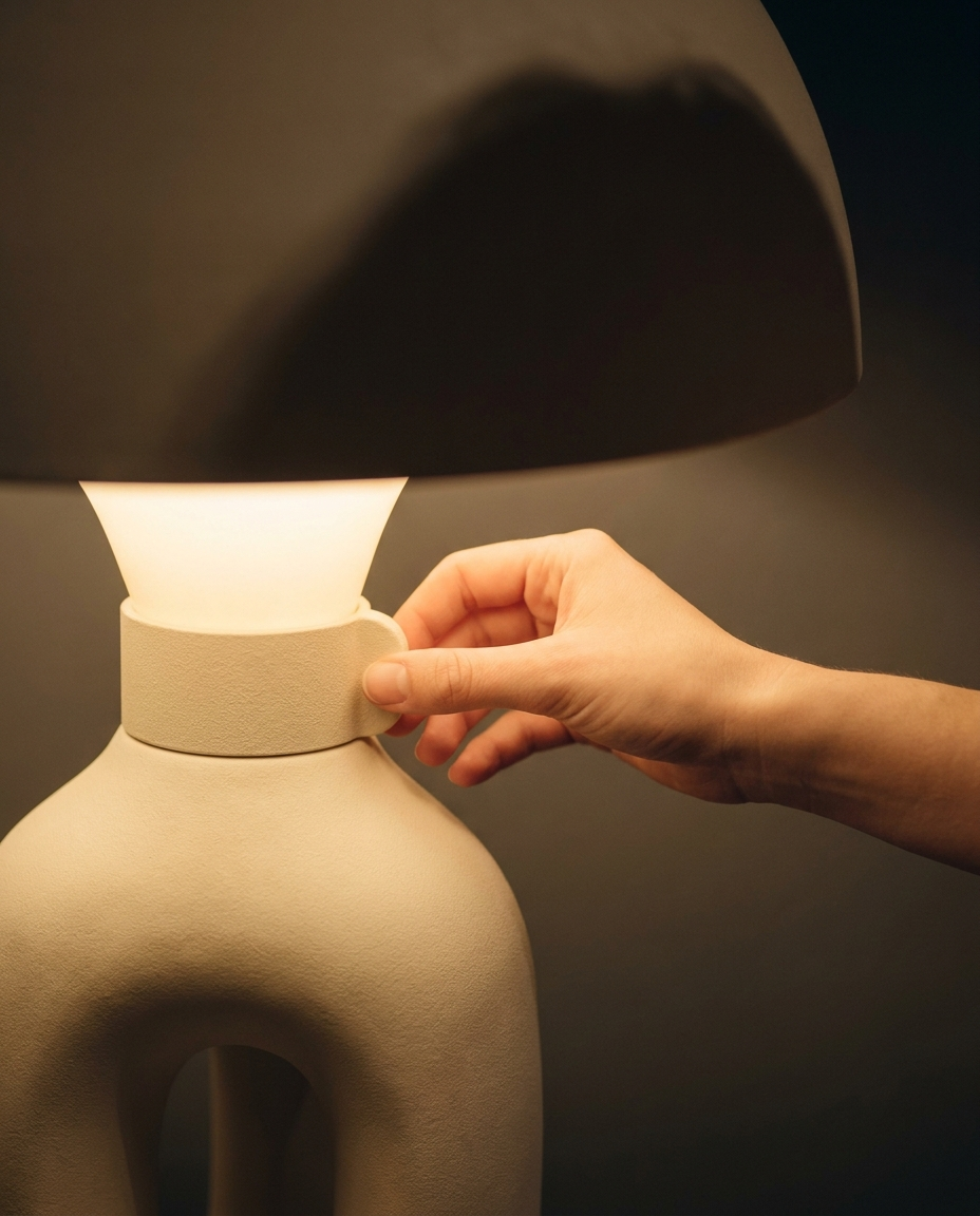 Hand rotating the collar of a sculptural lamp