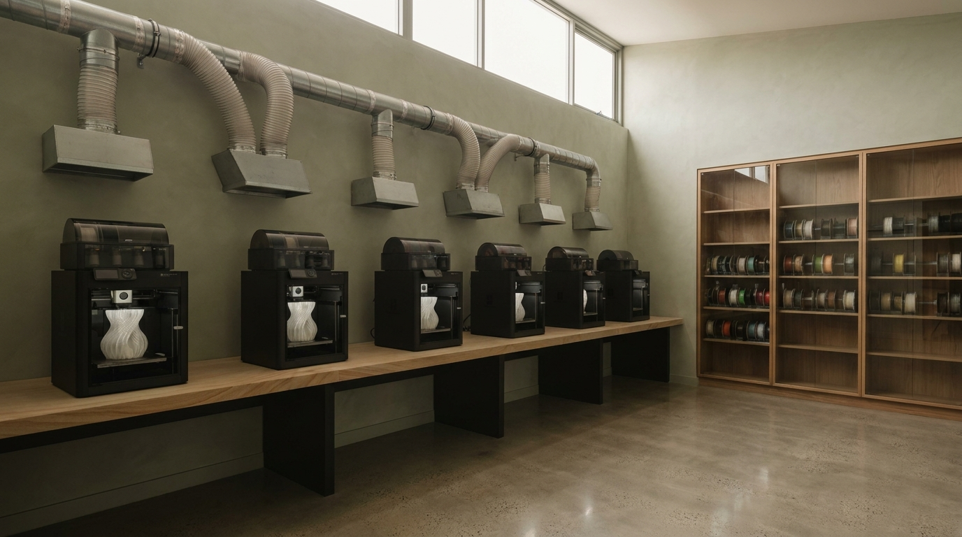 The Maik atelier — six BambuLab P1S printers in a Melbourne light-industrial studio